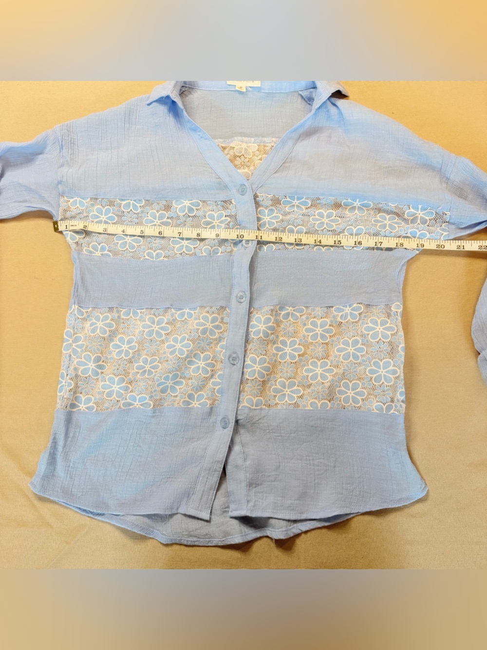 Light Blue Button-Down Women's Shirt with Floral Lace Insets - Picture 4 of 7